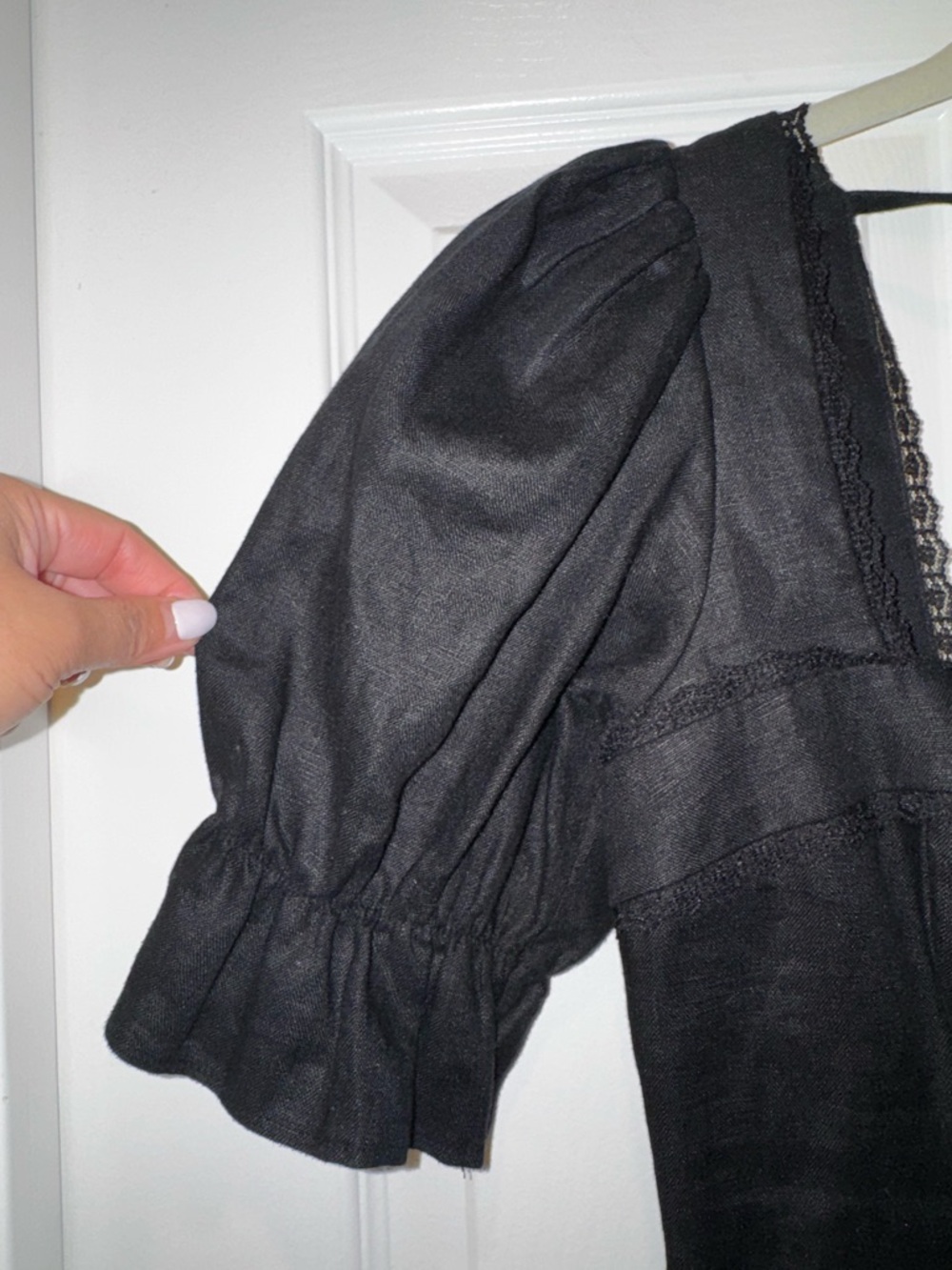 Reformation Evianna Black Linen Lace Trim Square Neck Puff Sleeve Mini Dress 0 - Picture 11 of 14